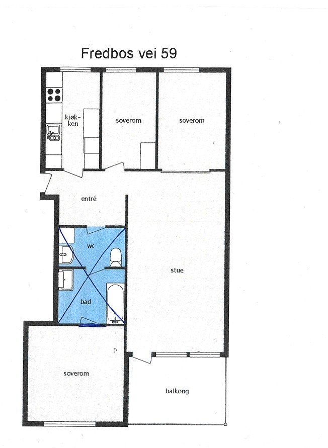 Leilighetens planløsning. Badet ble totalrenovert i 2022.